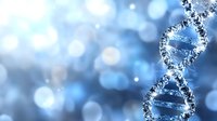 Glowing DNA strand with water molecules on blurred blue bokeh background, representing genetic research and biotechnology advancement in medical science.