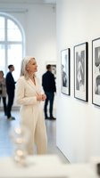 Elegant mature woman with silver hair in cream coat admiring framed artwork at contemporary art gallery exhibition with visitors in background.