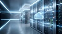Modern data center with glowing cloud computing hologram and server racks in futuristic technology facility for digital transformation and storage.