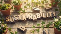 Wooden letter blocks spelling SUSTAINABILITY surrounded by green potted plants and ivy on rustic wood surface for eco-friendly business concepts.