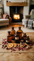 Amber glass bottles with essential oils, dried orange slices, cinnamon sticks and rose petals arranged on wooden table in cozy living room with fireplace.