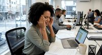 Stressed African American businesswoman with headache working on laptop in modern office environment with colleagues in background.