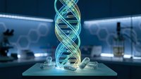 Glowing DNA double helix hologram in futuristic laboratory setting with blue and green light effects for medical research and biotechnology concepts.