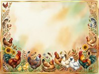 Farm chickens and roosters border frame with floral elements on watercolor background, copy space for text, rustic countryside design for invitations.