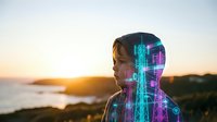 Young woman with digital circuit overlay gazing at sunset horizon, representing artificial intelligence and human technology integration concept.