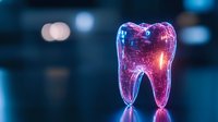 Glowing translucent molar tooth with pink and blue neon lighting effects against dark background, dental care concept for medical and healthcare presentations.