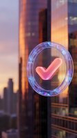 Glowing neon checkmark icon floating over blurred city skyline at sunset. Digital approval symbol for business success and achievement concepts.