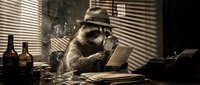 Raccoon detective in fedora hat smoking pipe at desk with typewriter in noir style office setting with venetian blind shadows.