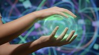 Hands creating glowing green energy sphere with swirling light effects on abstract colorful background for healing, magic and spiritual concepts.