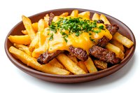 Golden french fries topped with grilled steak pieces, melted cheese sauce and fresh chopped parsley served on brown ceramic plate, comfort food meal.