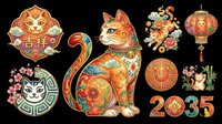 Colorful Asian cat decorations with lucky symbols, lanterns, and ornamental designs isolated on transparent background. Ready for t-shirt designs, clipart, stickers, sublimation, and print-on-demand projects.