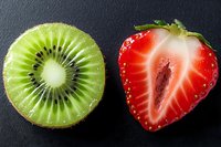 Fresh sliced kiwi and strawberry halves arranged on dark background showing vibrant cross sections and detailed fruit texture for food photography and design.