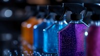Colorful cleaning spray bottles with water drops in dark background, selective focus on purple bottle with bokeh effect. Professional cleaning supplies.