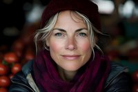 Smiling blonde woman in burgundy beanie and purple scarf at farmers market, fresh tomatoes in background. Natural daylight portrait shows genuine happiness.