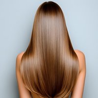 Long straight brown hair on woman from back view against light background, showing healthy, smooth, shiny hair texture for beauty and haircare advertising.