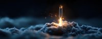 Dramatic rocket launch through dark stormy clouds with bright engine flames and sparks illuminating night sky, panoramic space exploration concept.