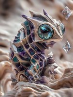 Mystical dragon creature with iridescent scales in purple and turquoise tones, featuring crystalline eyes and geometric crystal elements floating in ethereal atmosphere.