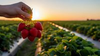 Hand holding fresh ripe strawberries at sunset in agricultural field. Organic farming harvest concept for healthy eating and sustainable agriculture.