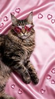 Adorable Maine Coon cat wearing pink heart-shaped sunglasses on luxurious satin fabric with crystal hearts for Valentine's Day romance celebration.