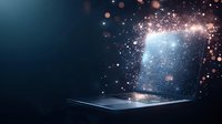 Magical laptop with glowing cosmic screen emitting sparkling light particles against dark background, symbolizing digital transformation and technological innovation.