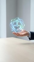Businessman hand holding glowing network hologram with connected nodes and lines, representing digital technology, teamwork, and innovation for business solutions.