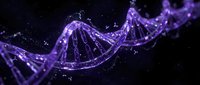 DNA double helix structure glowing in purple neon light against dark background, representing genetic science, molecular biology, and biotechnology research applications.