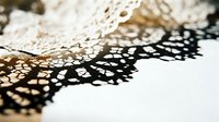 Delicate black and white lace trim with intricate floral patterns lying on white surface, showcasing detailed craftsmanship for sewing and fashion projects.
