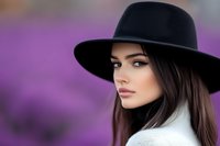 Young woman with long dark hair wearing black fedora hat and white sweater against purple blurred background, side profile portrait showcasing natural makeup and elegant style.