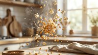 Popcorn kernels exploding and flying through air in modern kitchen with warm sunlight streaming through window creating dynamic motion blur effect.