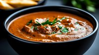 Creamy tomato soup garnished with fresh herbs and croutons served in black ceramic bowl. Rich red broth with smooth texture and aromatic garnish creates appetizing meal.
