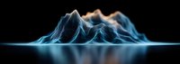 Glowing blue mountain range silhouette reflected on calm water surface against dark background, creating mysterious panoramic landscape with neon effect.
