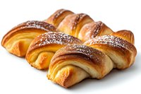 Fresh baked sweet crescent rolls with powdered sugar topping on white background, golden brown pastries showing flaky layers and delicate texture.