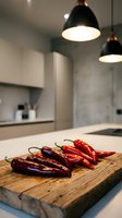 Fresh red chili peppers on wooden cutting board in modern kitchen with pendant lights for cooking and culinary preparation.