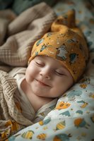 Peaceful sleeping baby wearing yellow patterned hat and matching bedding, gentle smile on face, soft natural lighting creates cozy nursery atmosphere.