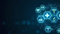 Digital healthcare technology background with glowing hexagonal medical icons including cross, stethoscope, caduceus and charts on dark blue backdrop.