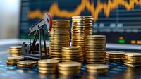 Stacks of gold coins with oil pump model against financial chart background showing market volatility and commodity trading concept for energy sector investments.