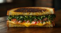 Grilled cheese sandwich with melted cheddar, fresh tomatoes, red onions and mixed herbs on toasted sourdough bread, served on wooden surface in dark setting.