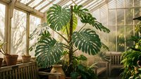 Lush tropical plants with large green leaves growing in bright sunlit greenhouse with wooden benches and glass walls creating peaceful botanical atmosphere.