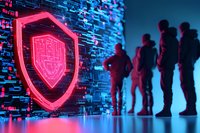 Glowing neon shield with digital pattern on wall and silhouettes of business people standing in line, cybersecurity and data protection concept background.