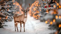 Majestic deer standing in snowy winter forest with glowing bokeh lights and decorated Christmas trees creating magical holiday atmosphere.