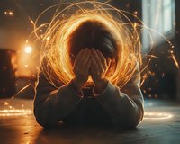 Person covering face with hands while surrounded by magical glowing light trails and sparkles creating ethereal halo effect in dark moody setting.