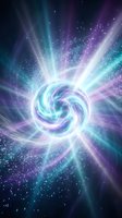 Cosmic energy vortex with swirling purple and teal light beams radiating from spiral center with sparkling particles for sci-fi and fantasy designs.