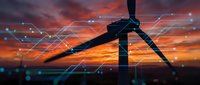 Wind turbine silhouette against dramatic sunset sky with digital network overlay representing renewable energy technology and sustainable power generation for clean electricity.