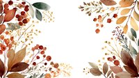 Autumn watercolor frame with orange and red leaves, berries, and botanical elements on white background.