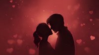 Romantic couple silhouettes about to kiss against red background with floating hearts and bokeh lights for Valentine's Day greeting cards and love themes.