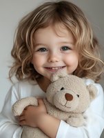 Smiling Caucasian toddler girl with curly blonde hair hugging beige teddy bear, wearing white sweater against neutral background. Natural childhood portrait.