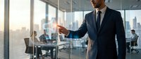 Professional businessman in navy suit presenting in modern glass office with city skyline view during golden hour meeting.