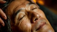Middle-aged Asian man receiving relaxing head massage at spa with closed eyes and peaceful expression during wellness treatment session.