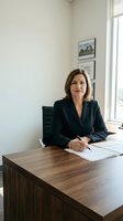 Professional woman, Caucasian, middle-aged, wearing dark blazer, seated at wooden desk in modern office with documents, suitable for corporate, business, and professional portraits.