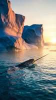 Narwhal swimming in arctic waters near icebergs at sunrise, showcasing wildlife in natural polar habitat for nature and environmental content.